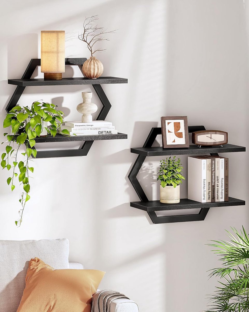 Zwevende planken voor muur, set van 2, hangende planken met 2 niveaus, wandgemonteerde opbergplanken, voor woonkamer, slaapkamer, keuken, thuiskantoor, studeerkamer, zwart