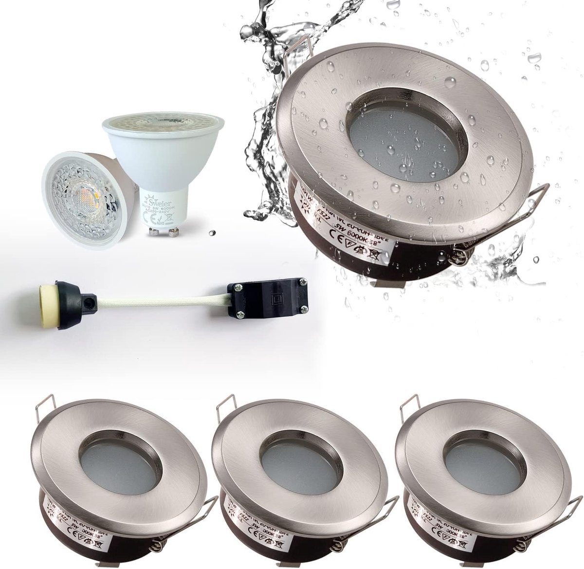 4XSweier Waterdichte badkamerlampen plafondinbouw IP65, 5W Cool White 6000K voor badkamer en keuken LED plafondspots (GU10 lampen inbegrepen) [Energie Klasse F]