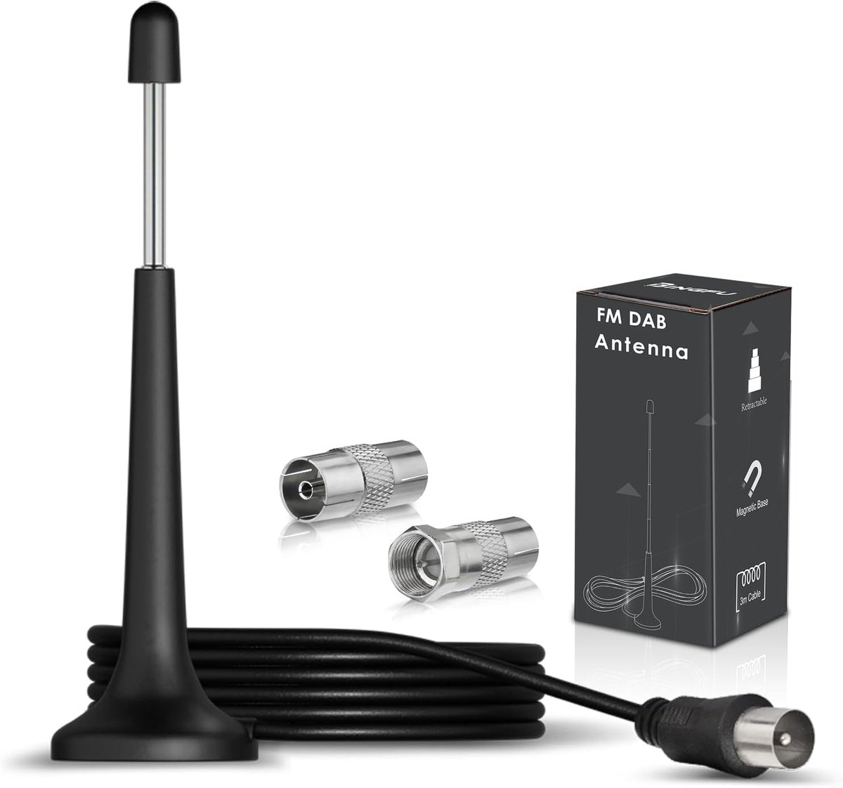 FM UKW Radio Ontvanger Telescopische Antenne met Magnetische Basis en 3m Verlengkabel voor DAB Draagbare Radio Tuner Stereo Antenne