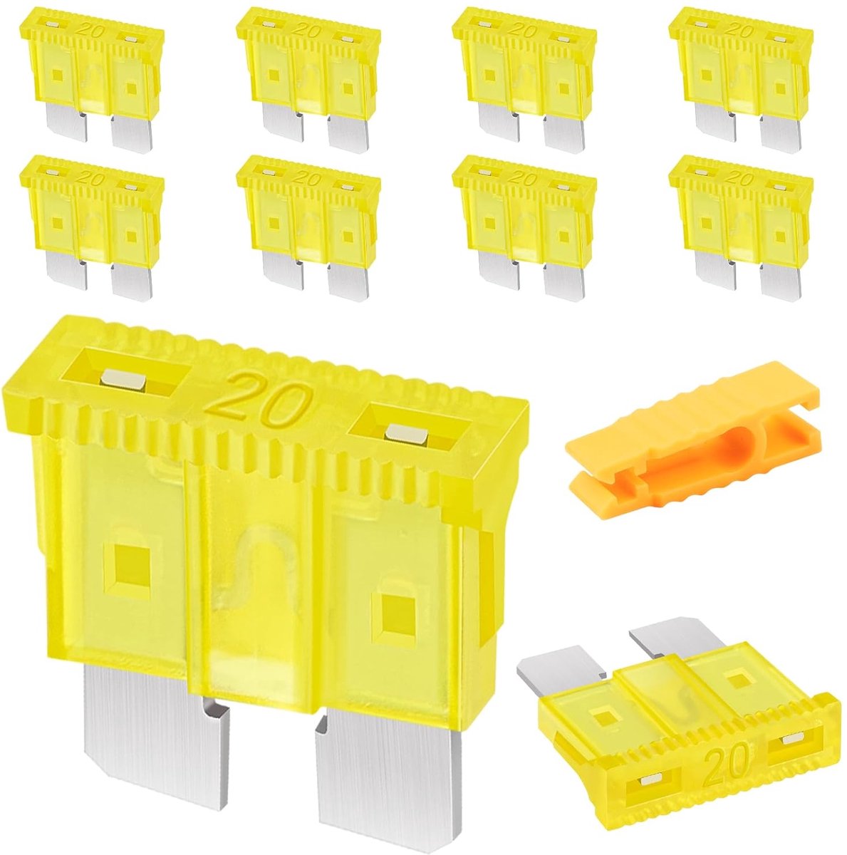 Zekeringen, 12 V, standaard, 20 A, met zekeringtrekker voor auto/camper/vrachtwagen/motorfiets/boot, 10 stuks