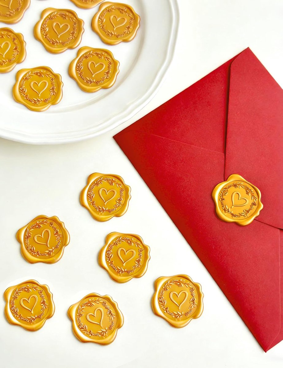 48 stuks Wax Seal Stickers met Hart en Olijftak reliëf, Gouden