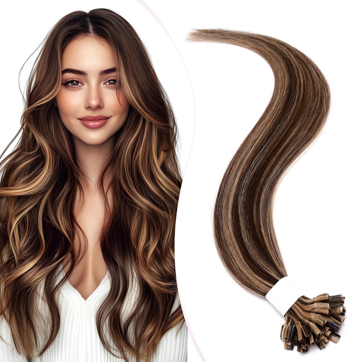 Bonding Extensions van echt haar, balayage, middenbruin +