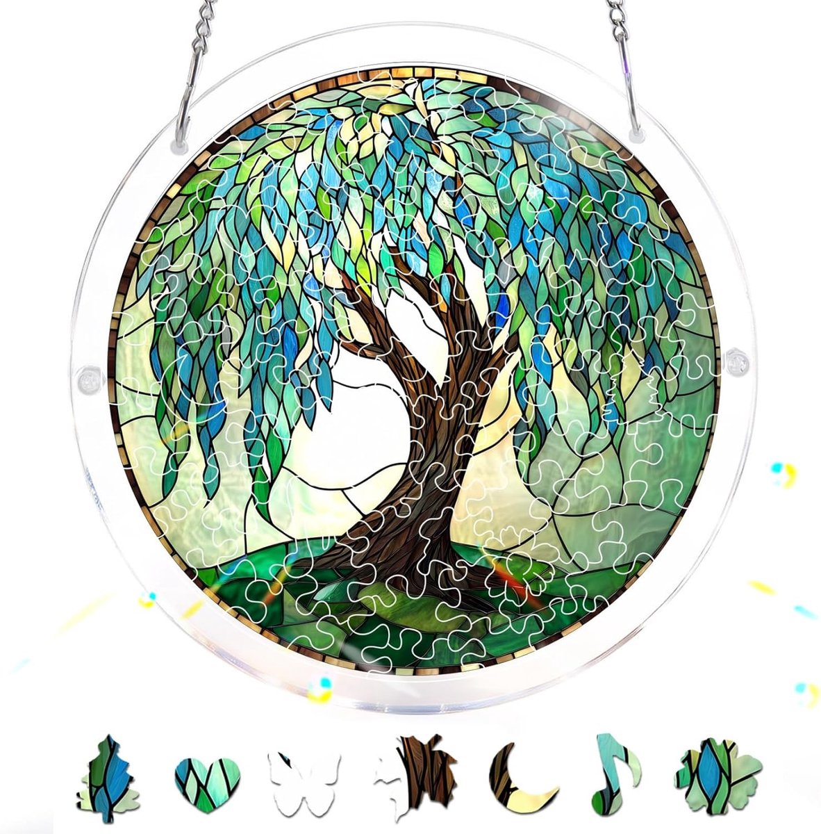 83-Delige Acryl Puzzel-Zonnvanger –Treurwilg Raamhanger in Glas-in-Loodstijl, Creatief Moederdagcadeau, Zonnvanger-Decoratie Voor Tuin & Huis, Verjaardagscadeau, 18x18 cm A185