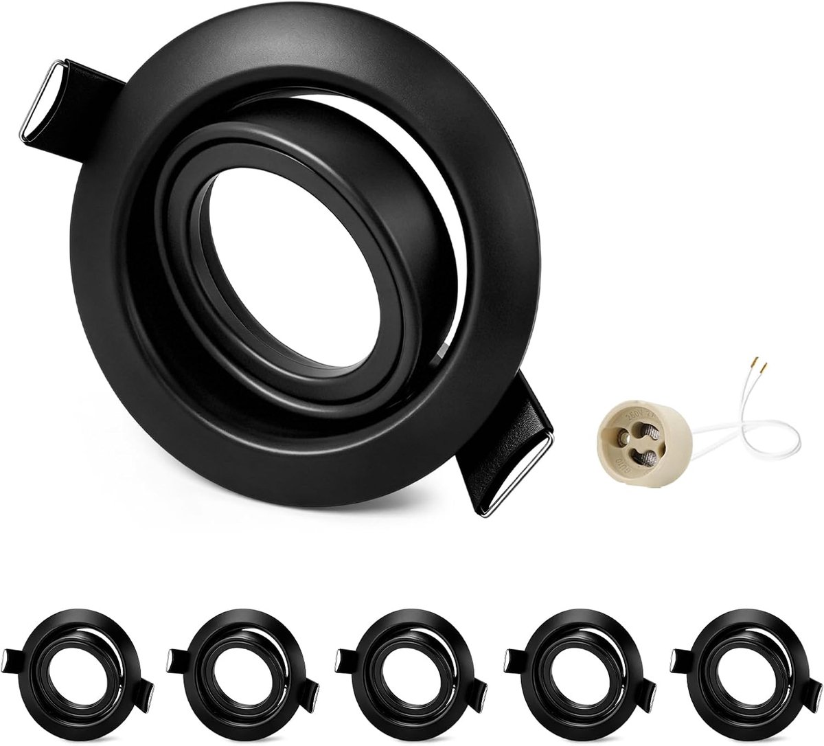 6x GU10 Inbouwspot Frame Zwart, 45° Kantelbaar IJzeren Inbouwframe, Gatmaat 68-75mm, Ø87mm Plat, Plafondspots met 230V GU10 Keramische Fitting, IP20, zonder Lamp