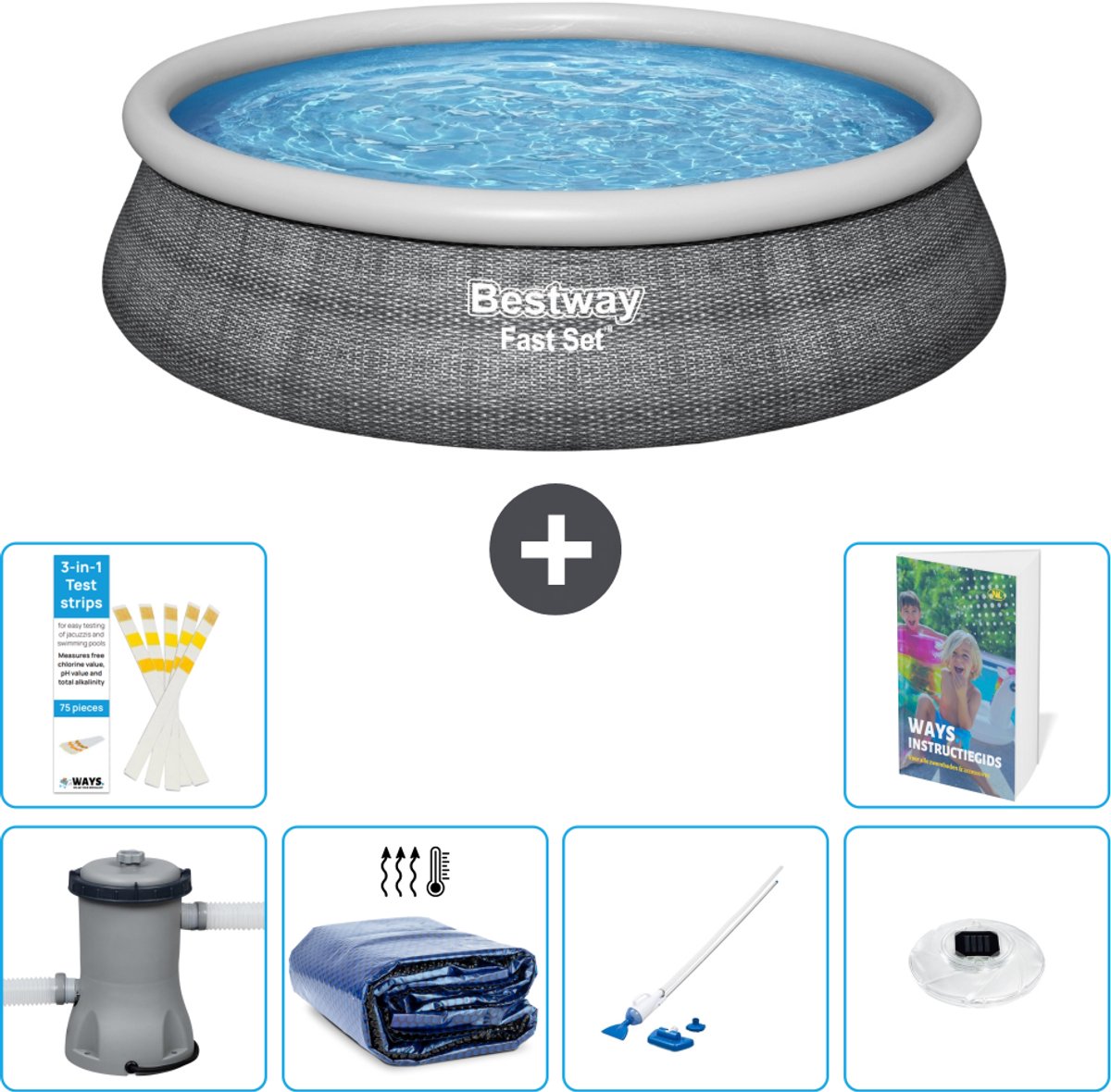 Bestway Rond Opblaasbaar Fast Set Zwembad - Rotanprint - 457 x 84 cm - Inclusief Pomp - Solarzeil - Stofzuiger - Verlichting - 7-delig