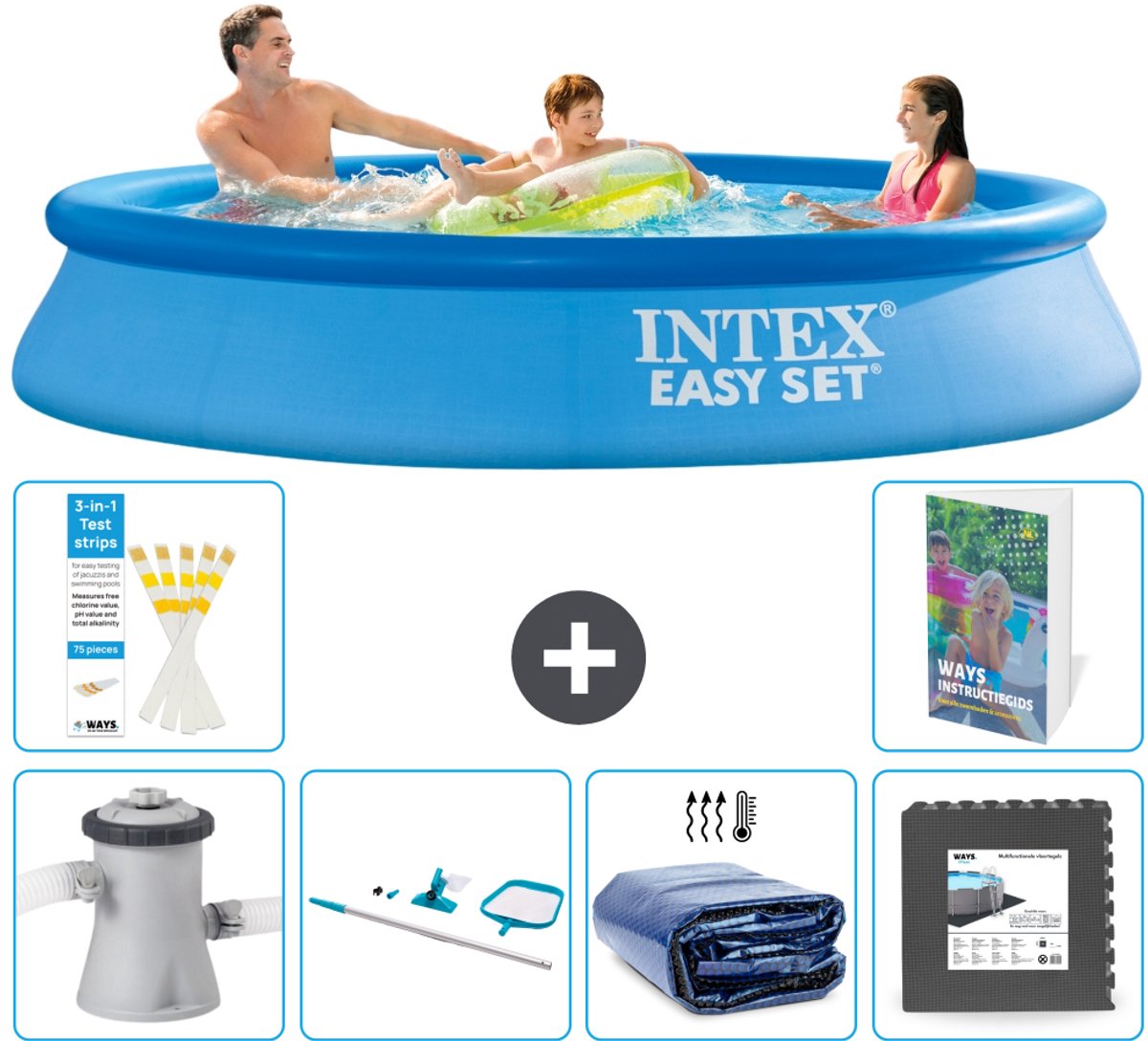 Intex Rond Opblaasbaar Easy Set Zwembad - 305 x 61 cm - Blauw - Inclusief Pomp - Schoonmaakset - Solarzeil - Vloertegels - 7-delig