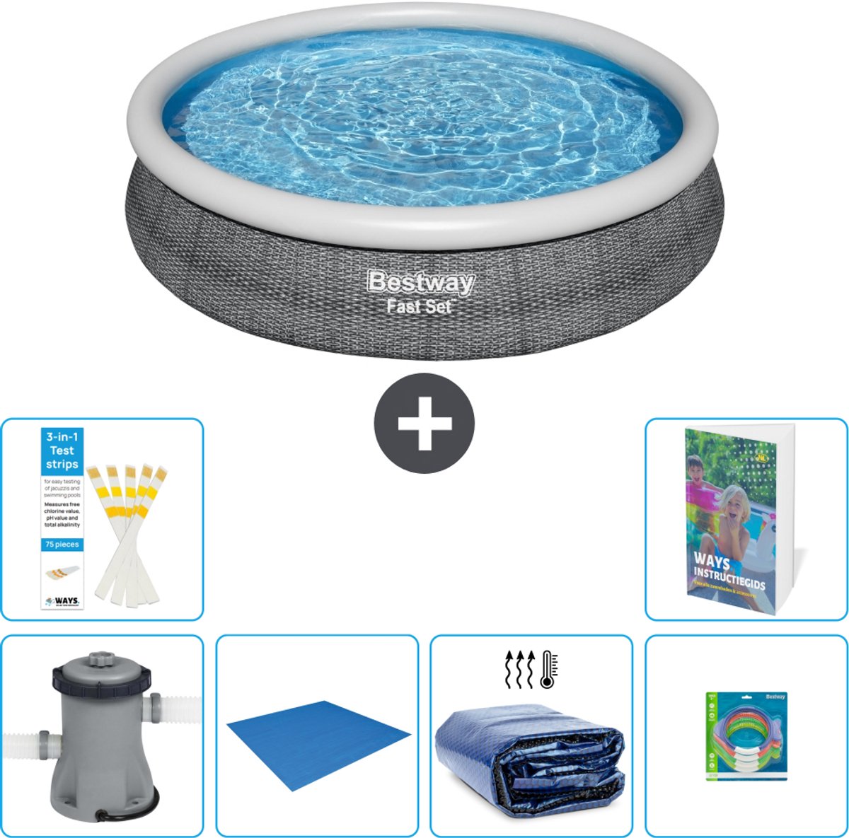 Bestway Rond Opblaasbaar Fast Set Zwembad - Rotanprint - 366 x 76 cm - Inclusief Pomp - Grondzeil - Solarzeil - Speelgoed - 7-delig