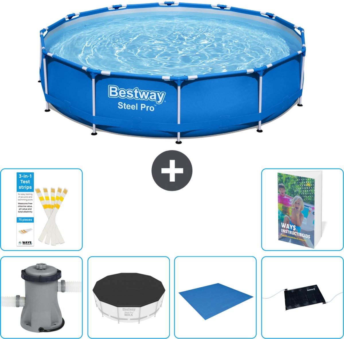 Bestway Rond Steel Pro Zwembad - 366 x 76 cm - Blauw - Inclusief Pomp - Afdekzeil - Grondzeil - Solar Mat - 7-delig