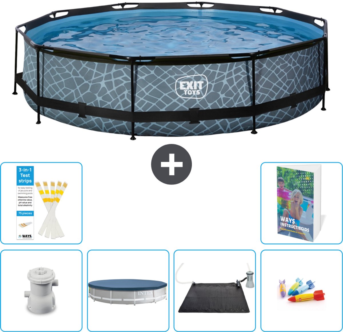 EXIT Rond Stone Frame Zwembad - 360 x 76 cm - Inclusief Pomp - Afdekzeil - Solar Mat - Speelgoed - 7-delig