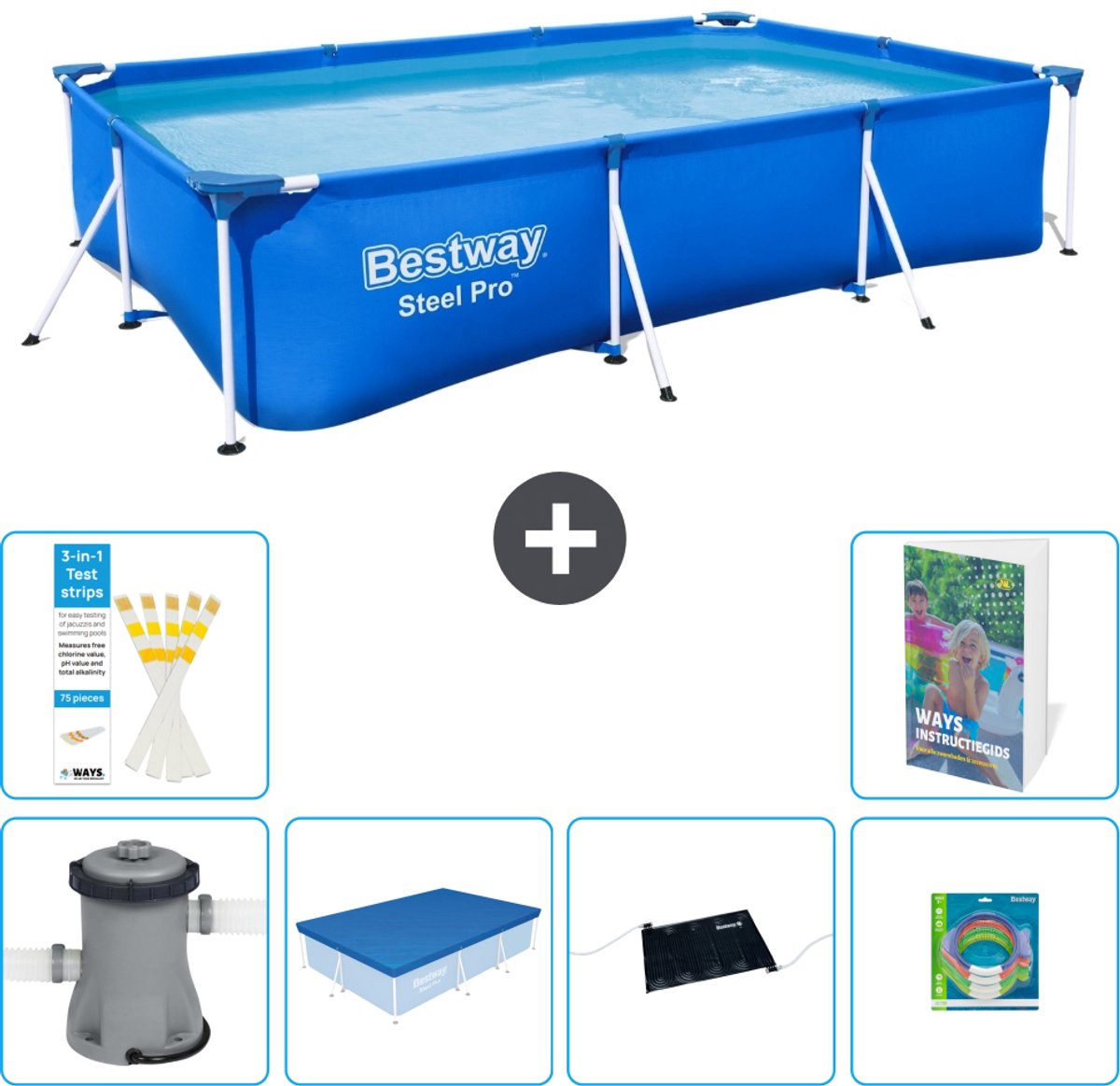 Bestway Rechthoekig Steel Pro Zwembad - 300 x 201 x 66 cm - Blauw - Inclusief Pomp - Afdekzeil - Solar Mat - Speelgoed - 7-delig