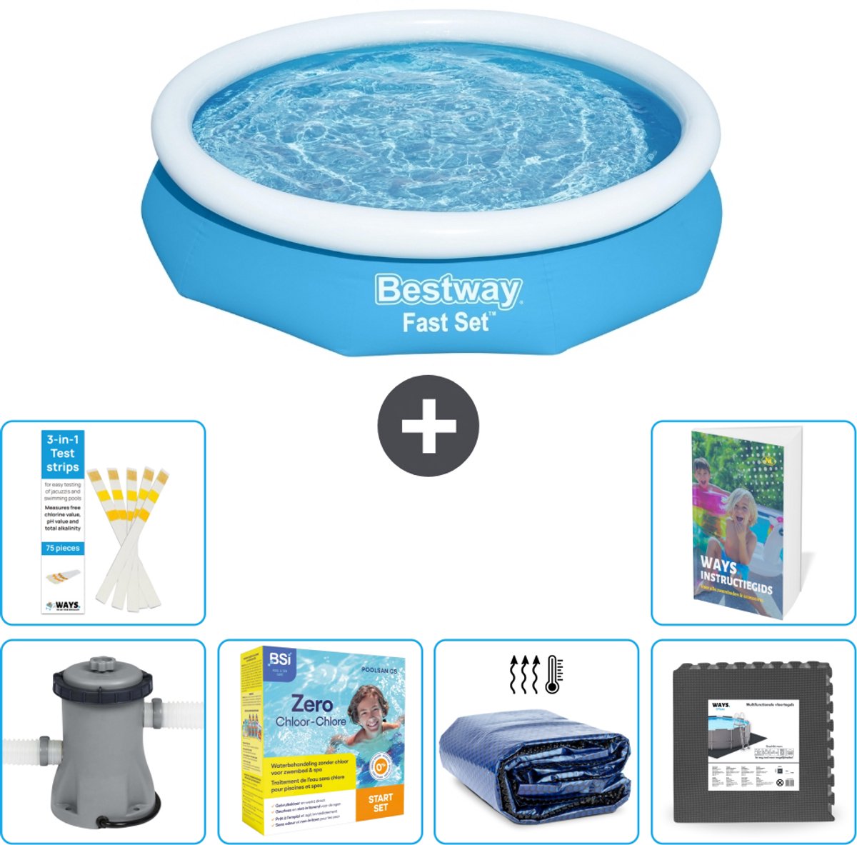 Bestway Rond Opblaasbaar Fast Set Zwembad - 305 x 66 cm - Blauw - Inclusief Pomp - Onderhoudspakket - Solarzeil - Vloertegels - 7-delig