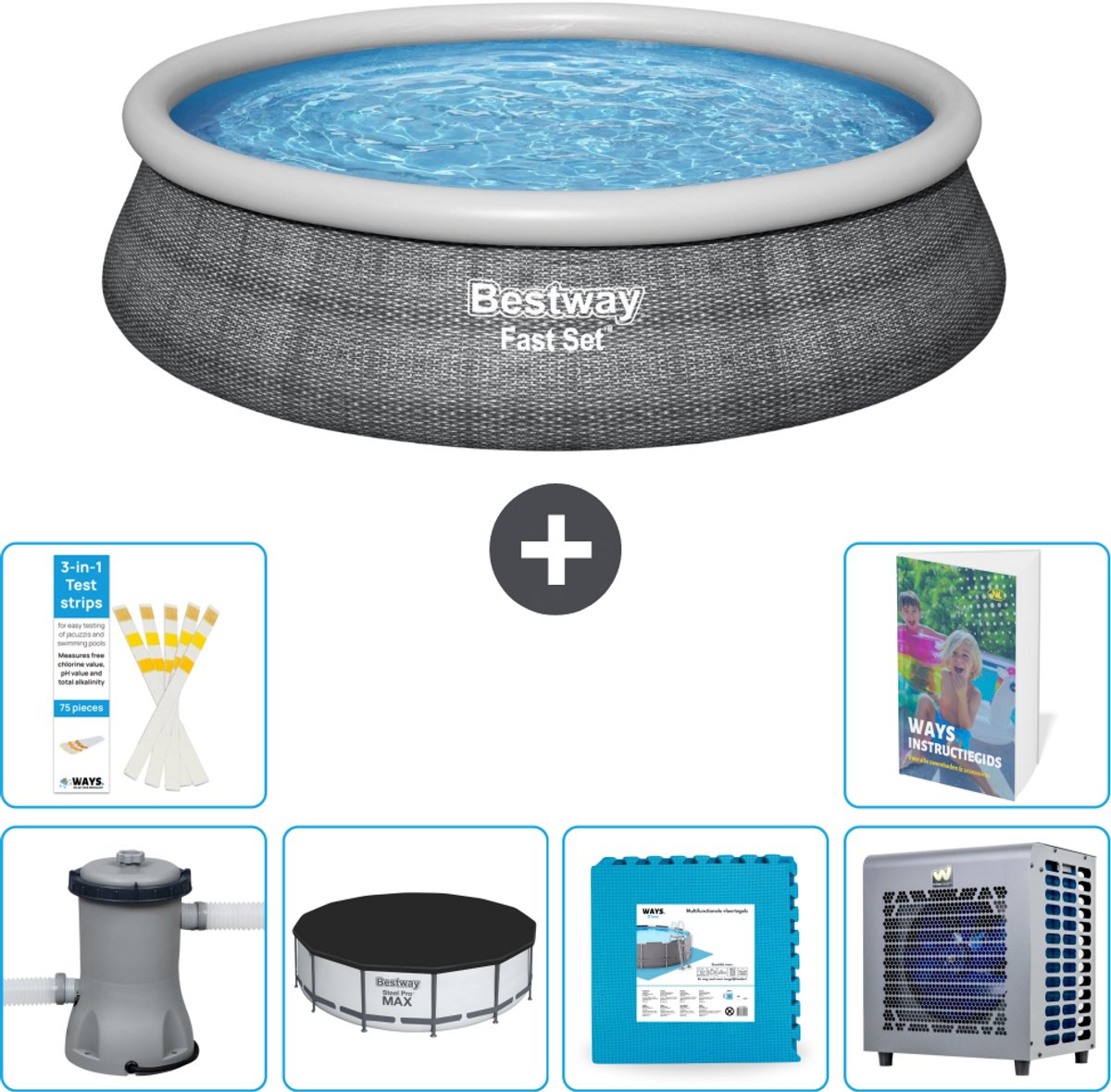 Bestway Rond Opblaasbaar Fast Set Zwembad - Rotanprint - 457 x 84 cm - Inclusief Pomp - Afdekzeil - Vloertegels - Warmtepomp - 7-delig