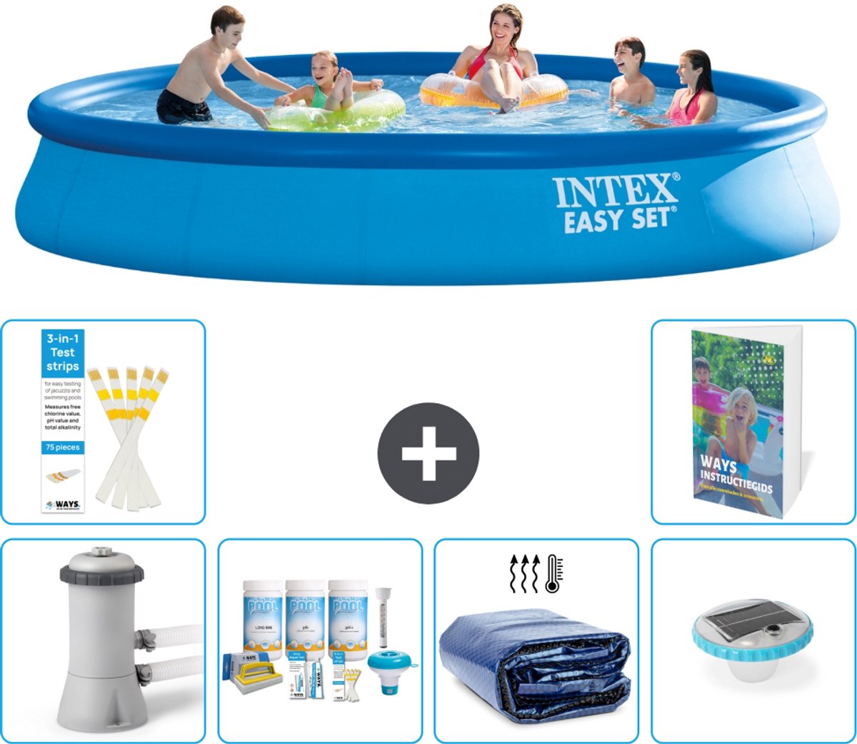 Intex Rond Opblaasbaar Easy Set Zwembad - 457 x 84 cm - Blauw - Inclusief Pomp - Onderhoudspakket - Solarzeil - Verlichting - 7-delig