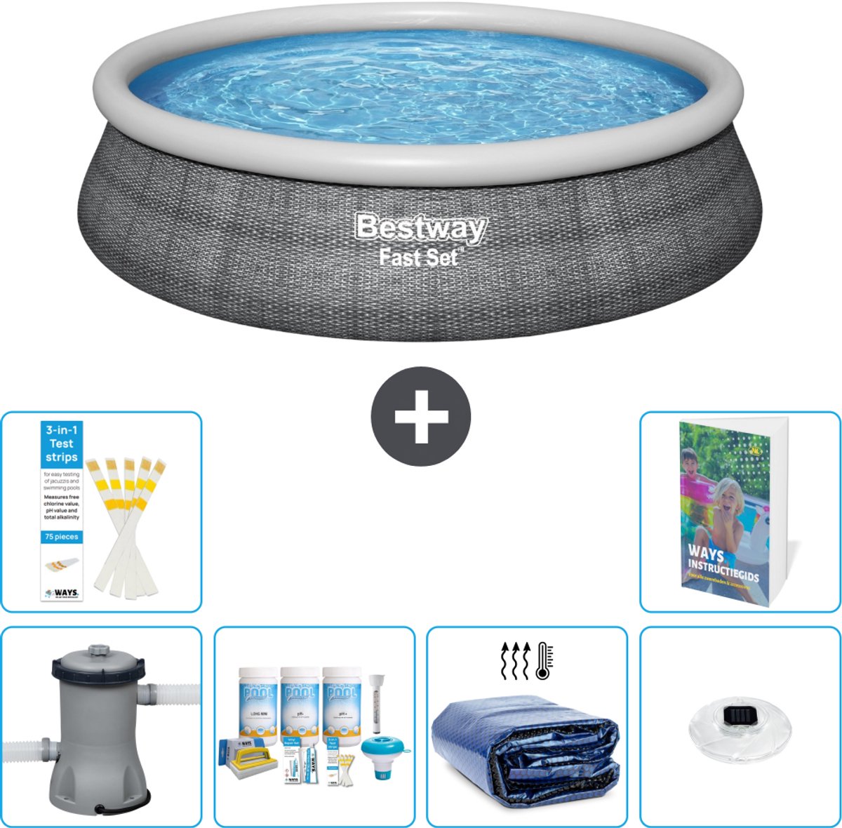 Bestway Rond Opblaasbaar Fast Set Zwembad - Rotanprint - 457 x 84 cm - Inclusief Pomp - Onderhoudspakket - Solarzeil - Verlichting - 7-delig