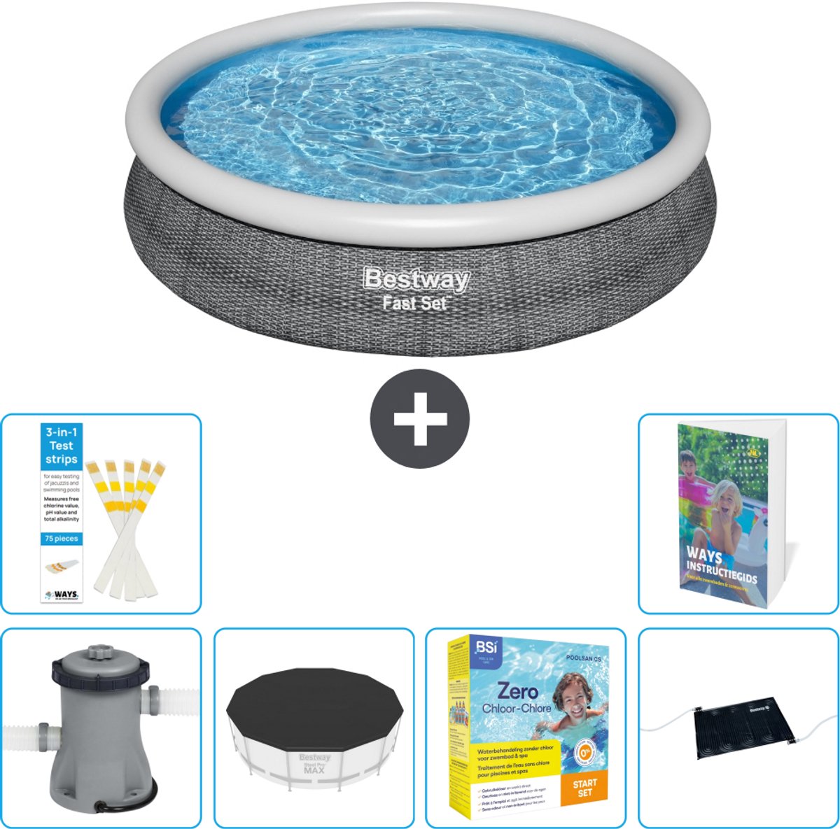 Bestway Rond Opblaasbaar Fast Set Zwembad - Rotanprint - 366 x 76 cm - Inclusief Pomp - Afdekzeil - Onderhoudspakket - Solar Mat - 7-delig