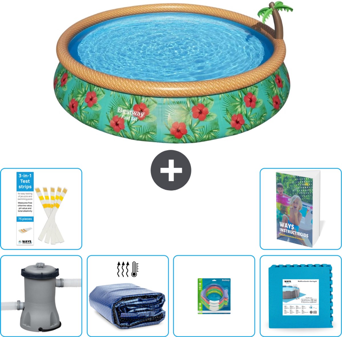 Bestway Rond Opblaasbaar Fast Set Zwembad - Paradijsprint - 457 x 84 cm - Inclusief Pomp - Solarzeil - Speelgoed - Vloertegels - 7-delig