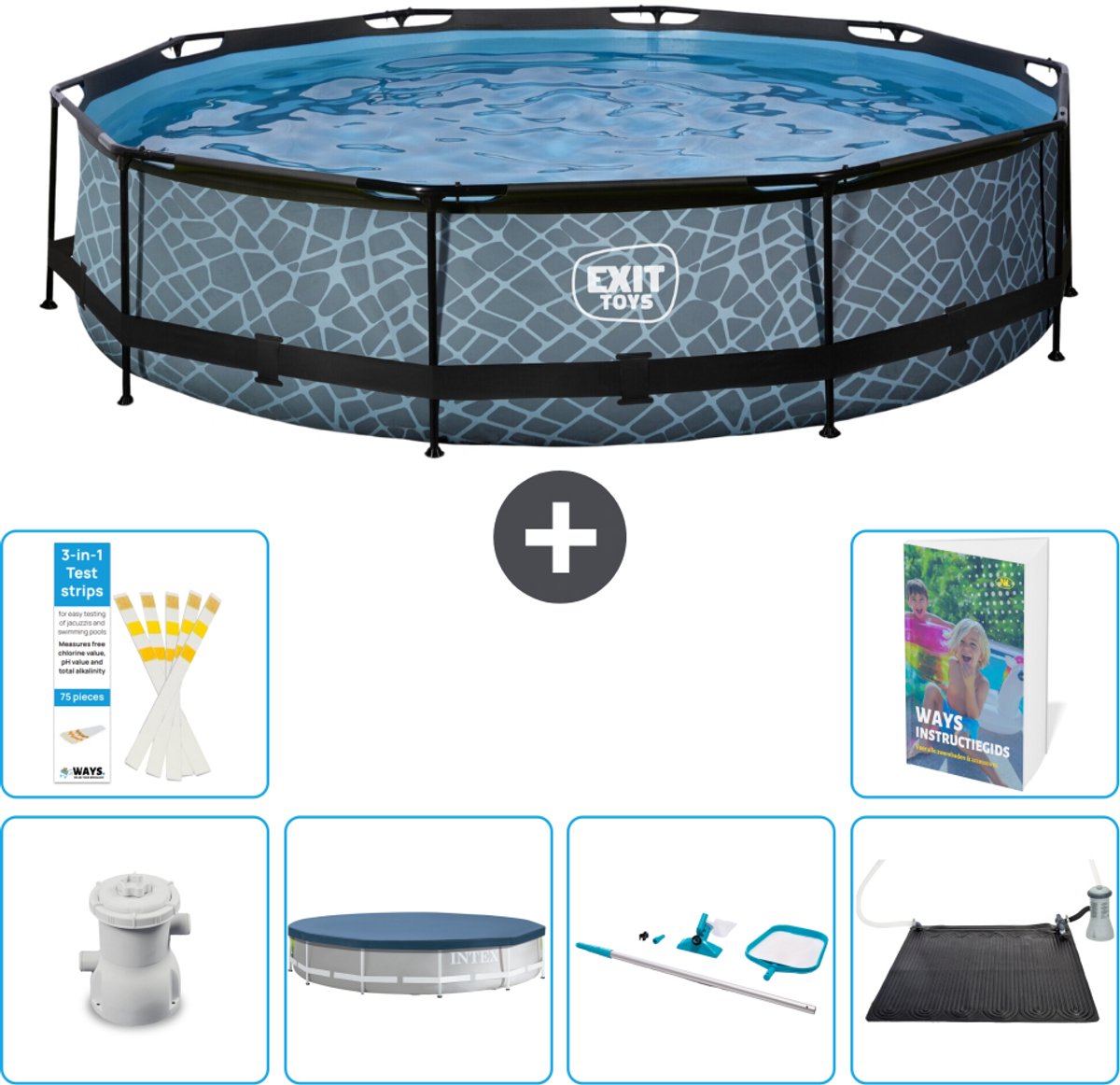 EXIT Rond Stone Frame Zwembad - 360 x 76 cm - Inclusief Pomp - Afdekzeil - Schoonmaakset - Solar Mat - 7-delig