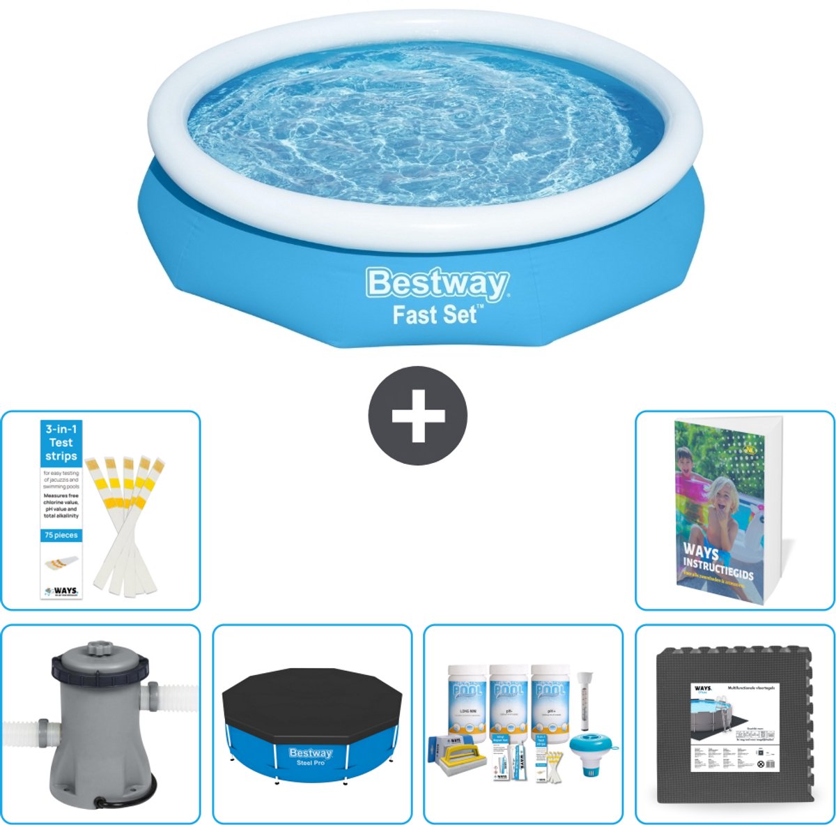 Bestway Rond Opblaasbaar Fast Set Zwembad - 305 x 66 cm - Blauw - Inclusief Pomp - Afdekzeil - Onderhoudspakket - Vloertegels - 7-delig