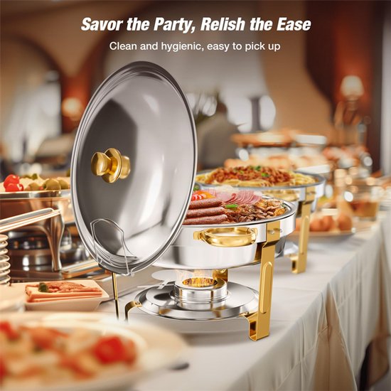 WARMOUNTS Chafing Dish Set 2 Stuks Goud – 4,73L RVS Buffet Warmhoudbak met RVS Deksel en Dekselhouder – Ronde Voedselverwarmer voor Catering, Feest, Bruiloft en Horeca — afbeelding 5
