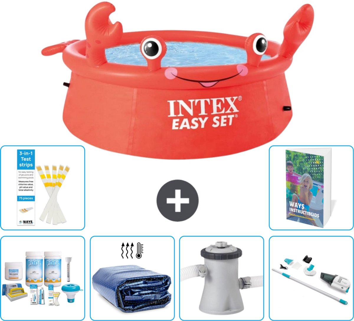Intex Rond Opblaasbaar Easy Set Zwembad - 183 x 51 cm - Rood - Krab - Inclusief Onderhoudspakket - Solarzeil - Zwembadfilterpomp - Stofzuiger - 7-delig