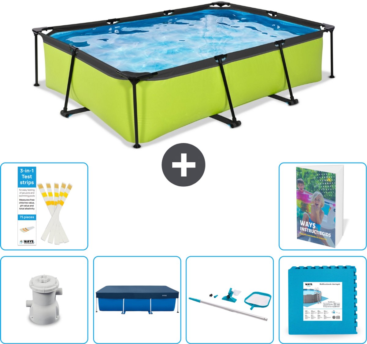 EXIT Rechthoekig Lime Frame Zwembad - 300 x 200 x 65 cm - Inclusief Pomp - Afdekzeil - Schoonmaakset - Vloertegels - 7-delig