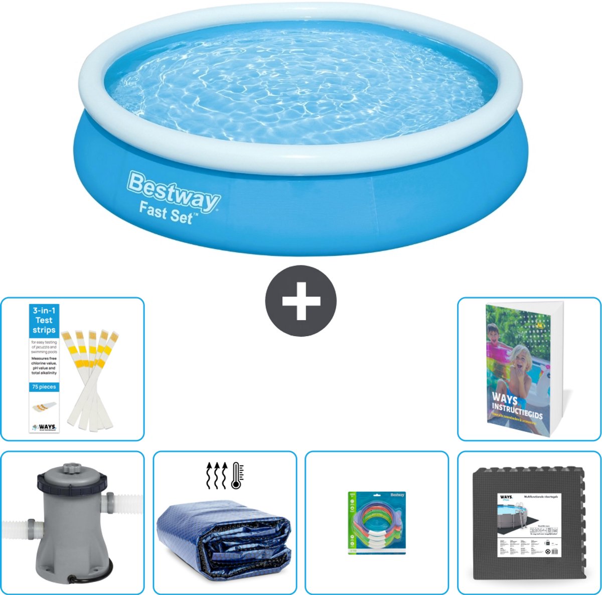 Bestway Rond Opblaasbaar Fast Set Zwembad - 366 x 76 cm - Blauw - Inclusief Pomp - Solarzeil - Speelgoed - Vloertegels - 7-delig