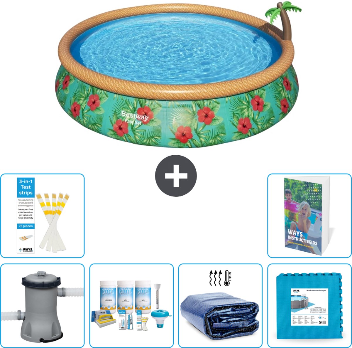Bestway Rond Opblaasbaar Fast Set Zwembad - Paradijsprint - 457 x 84 cm - Inclusief Pomp - Onderhoudspakket - Solarzeil - Vloertegels - 7-delig