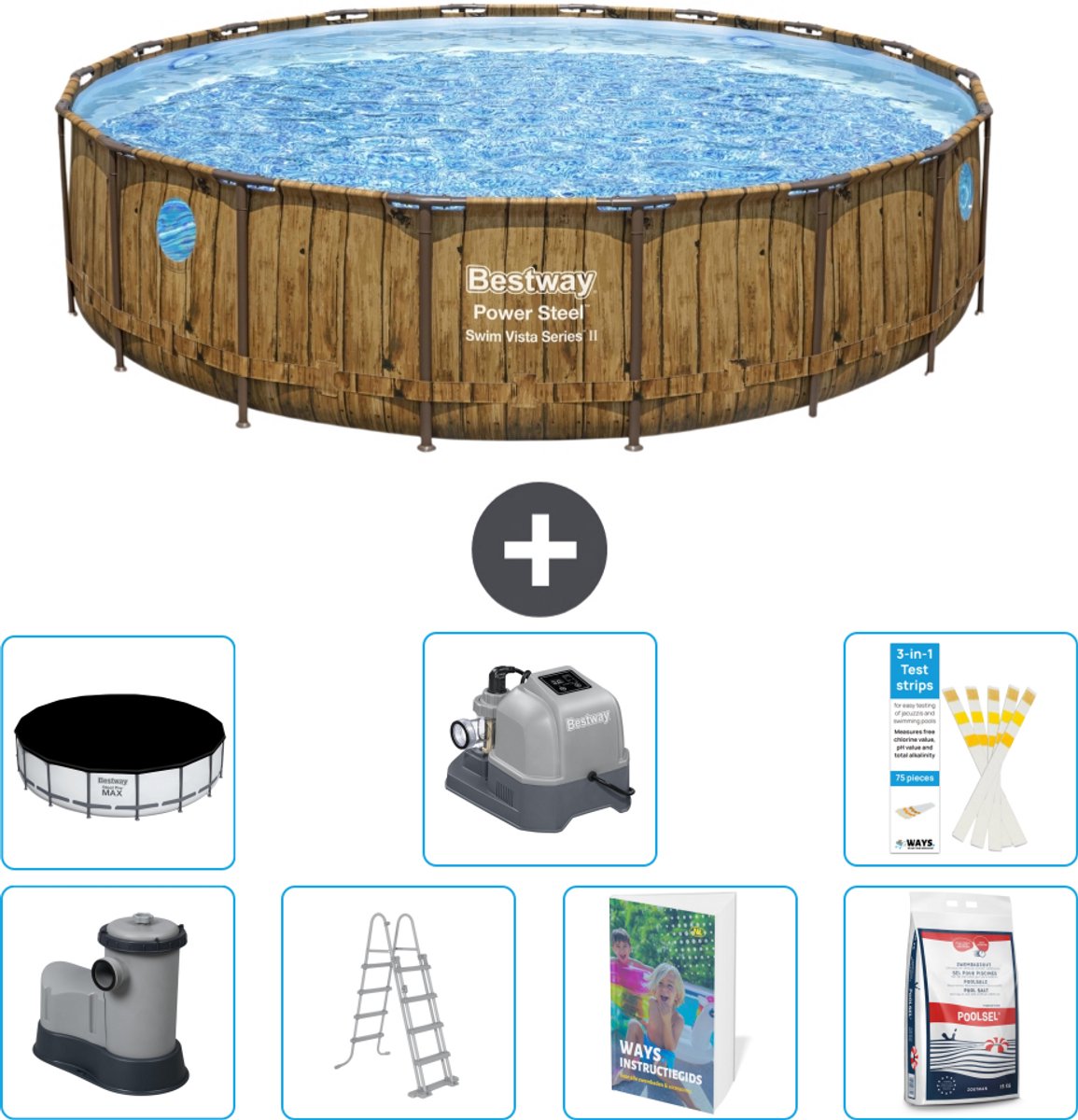 Bestway Rond Power Steel Swim Vista Zwembad - Houtprint - 549 x 122 - Inclusief Pomp - Ladder - Afdekzeil - Zoutwatersysteem - Zwembadzout - 8-delig