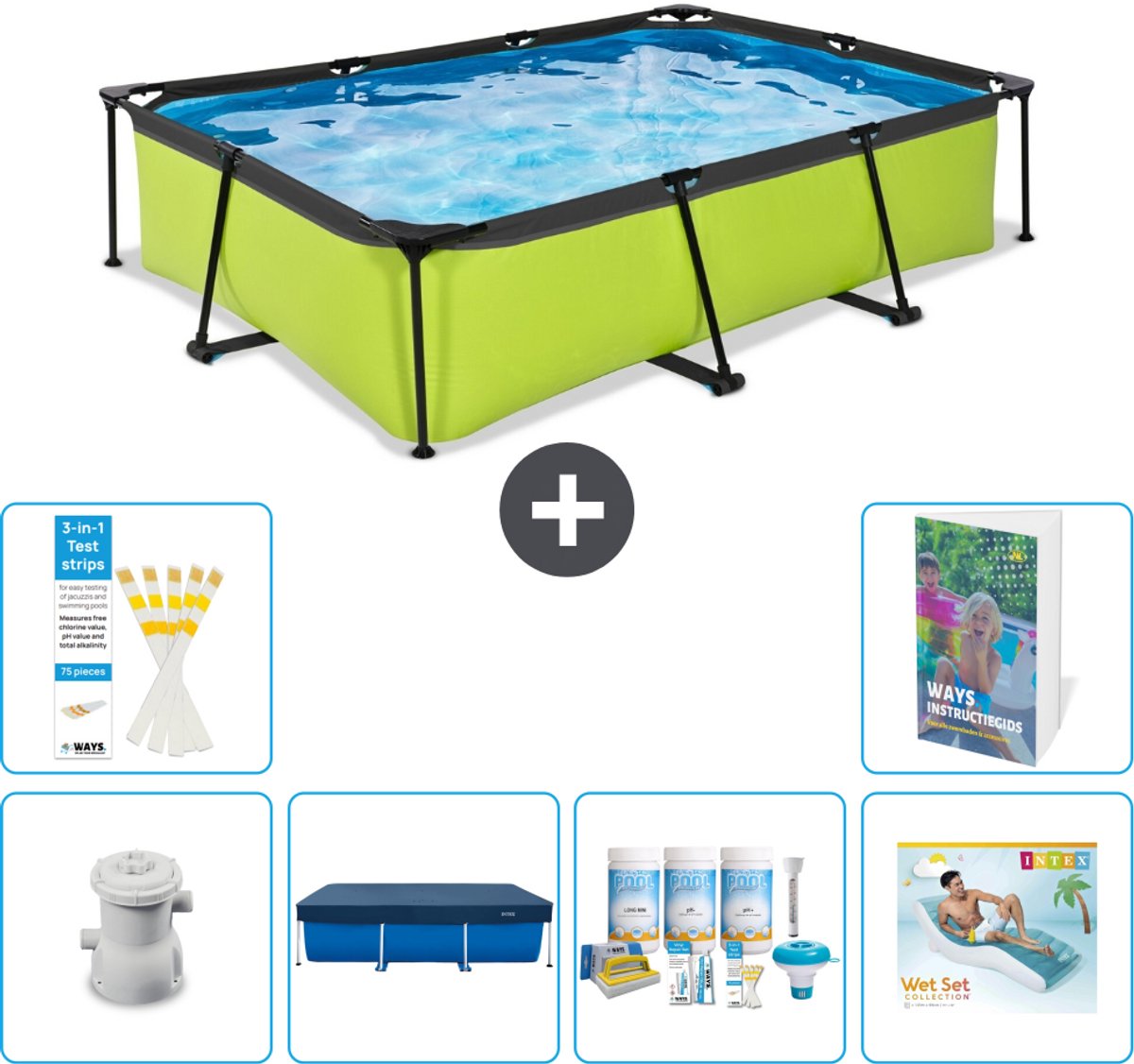 EXIT Rechthoekig Lime Frame Zwembad - 300 x 200 x 65 cm - Inclusief Pomp - Afdekzeil - Onderhoudspakket - Loungebed - 7-delig