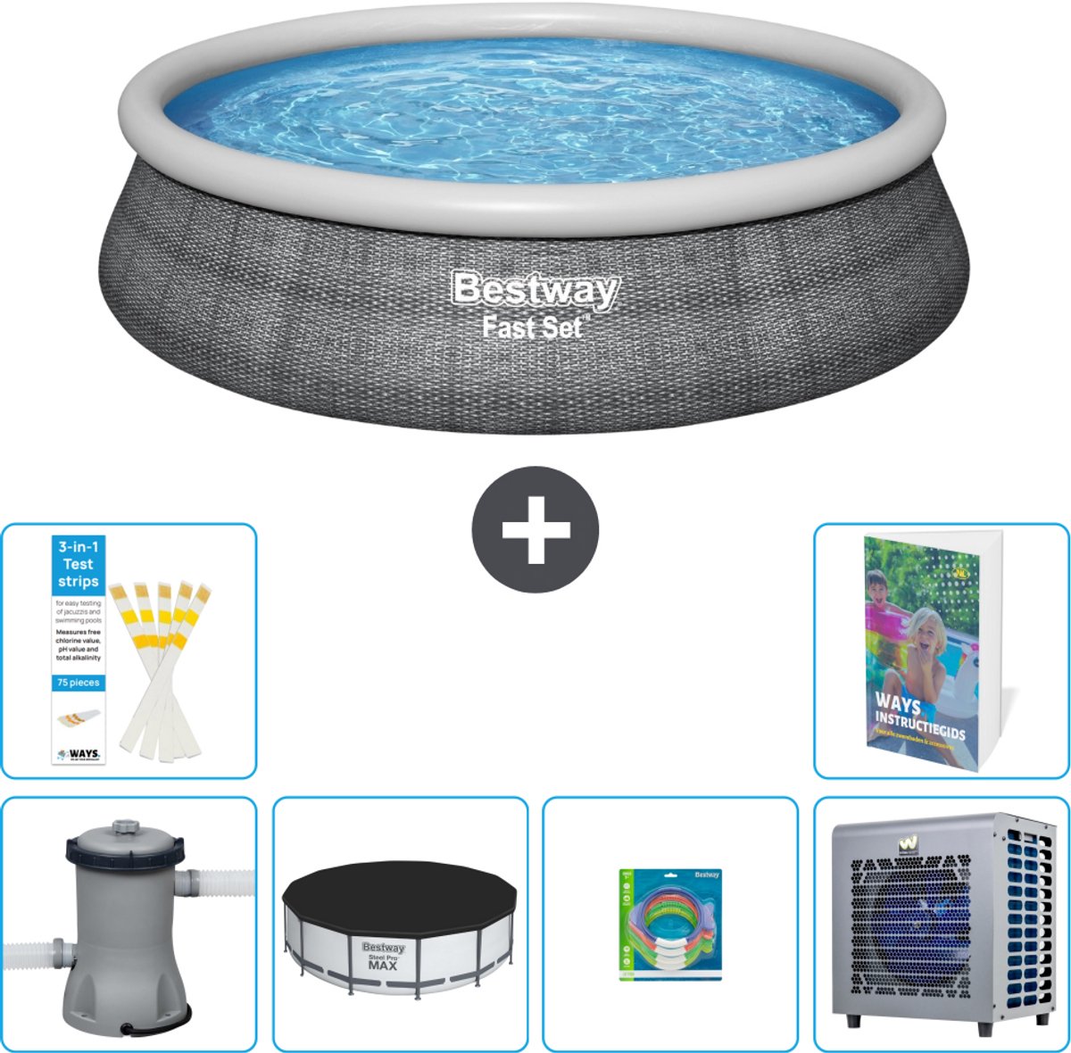Bestway Rond Opblaasbaar Fast Set Zwembad - Rotanprint - 457 x 84 cm - Inclusief Pomp - Afdekzeil - Speelgoed - Warmtepomp - 7-delig