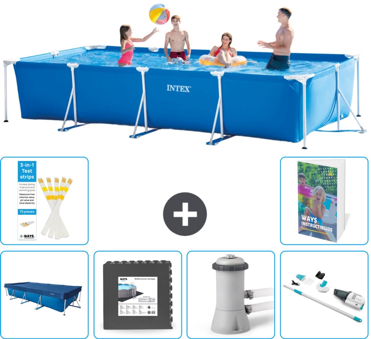 Intex Rechthoekig Frame Zwembad - 450 x 220 x 84 cm - Blauw - Inclusief Afdekzeil - Vloertegels - Zwembadfilterpomp - Stofzuiger - 7-delig