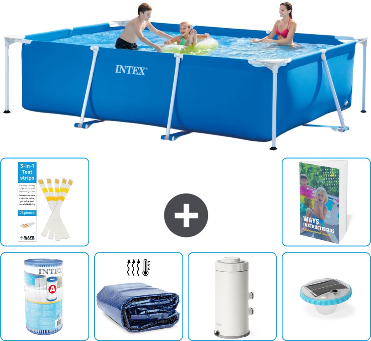 Intex Rechthoekig Frame Zwembad - 300 x 200 x 75 cm - Blauw - Inclusief Filter - Solarzeil - Zwembadfilterpomp - Verlichting - 7-delig