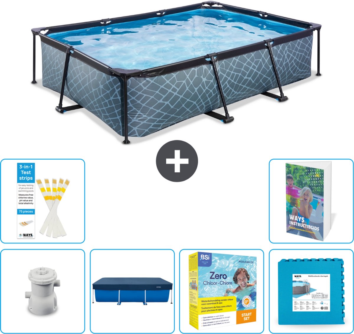 EXIT Rechthoekig Stone Frame Zwembad - 300 x 200 x 65 cm - Inclusief Pomp - Afdekzeil - Onderhoudspakket - Vloertegels - 7-delig