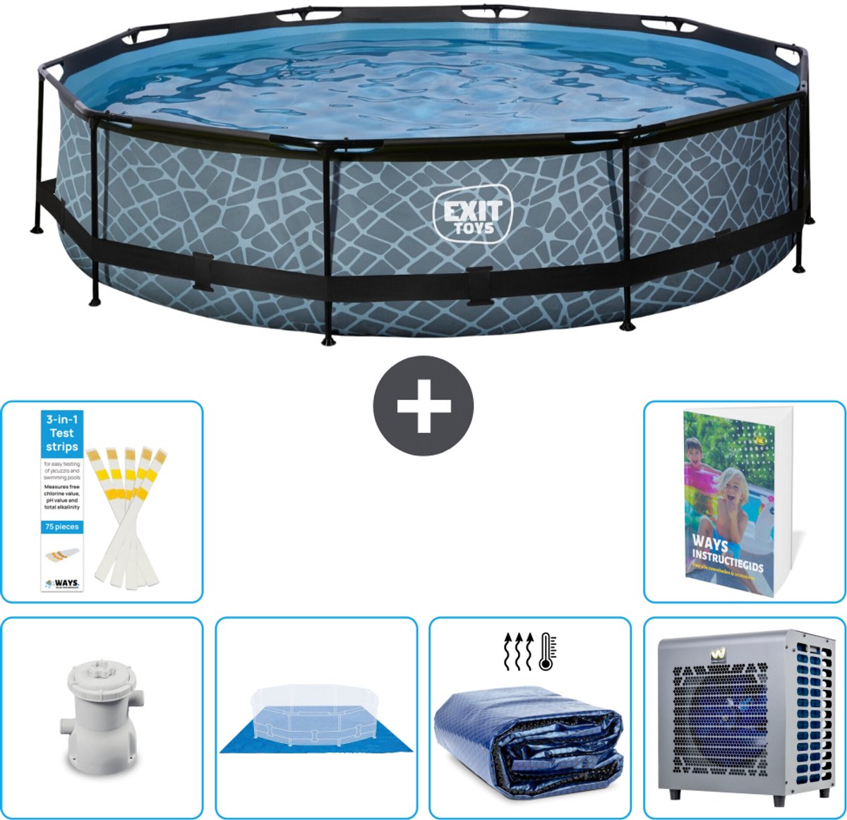 EXIT Rond Stone Frame Zwembad - 360 x 76 cm - Inclusief Pomp - Grondzeil - Solarzeil - Warmtepomp - 7-delig