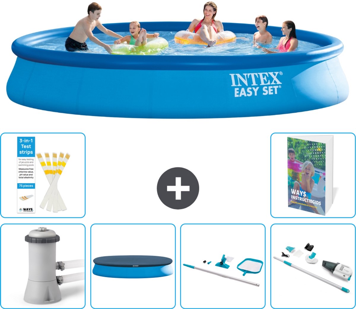 Intex Rond Opblaasbaar Easy Set Zwembad - 457 x 84 cm - Blauw - Inclusief Pomp - Afdekzeil - Schoonmaakset - Stofzuiger - 7-delig