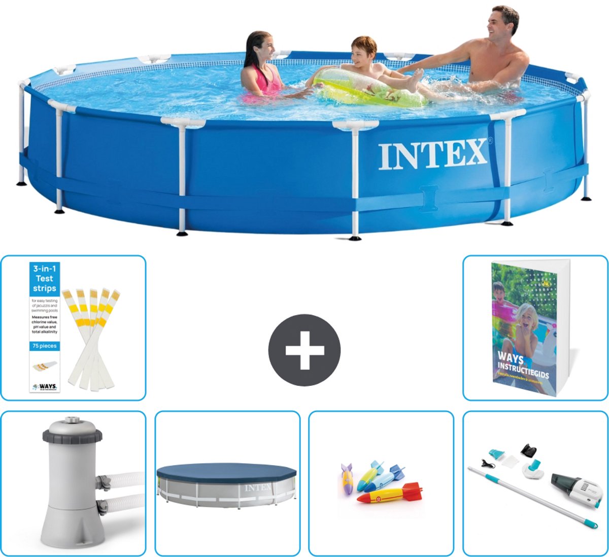 Intex Rond Frame Zwembad - 366 x 76 cm - Blauw - Inclusief Pomp - Afdekzeil - Speelgoed - Stofzuiger - 7-delig