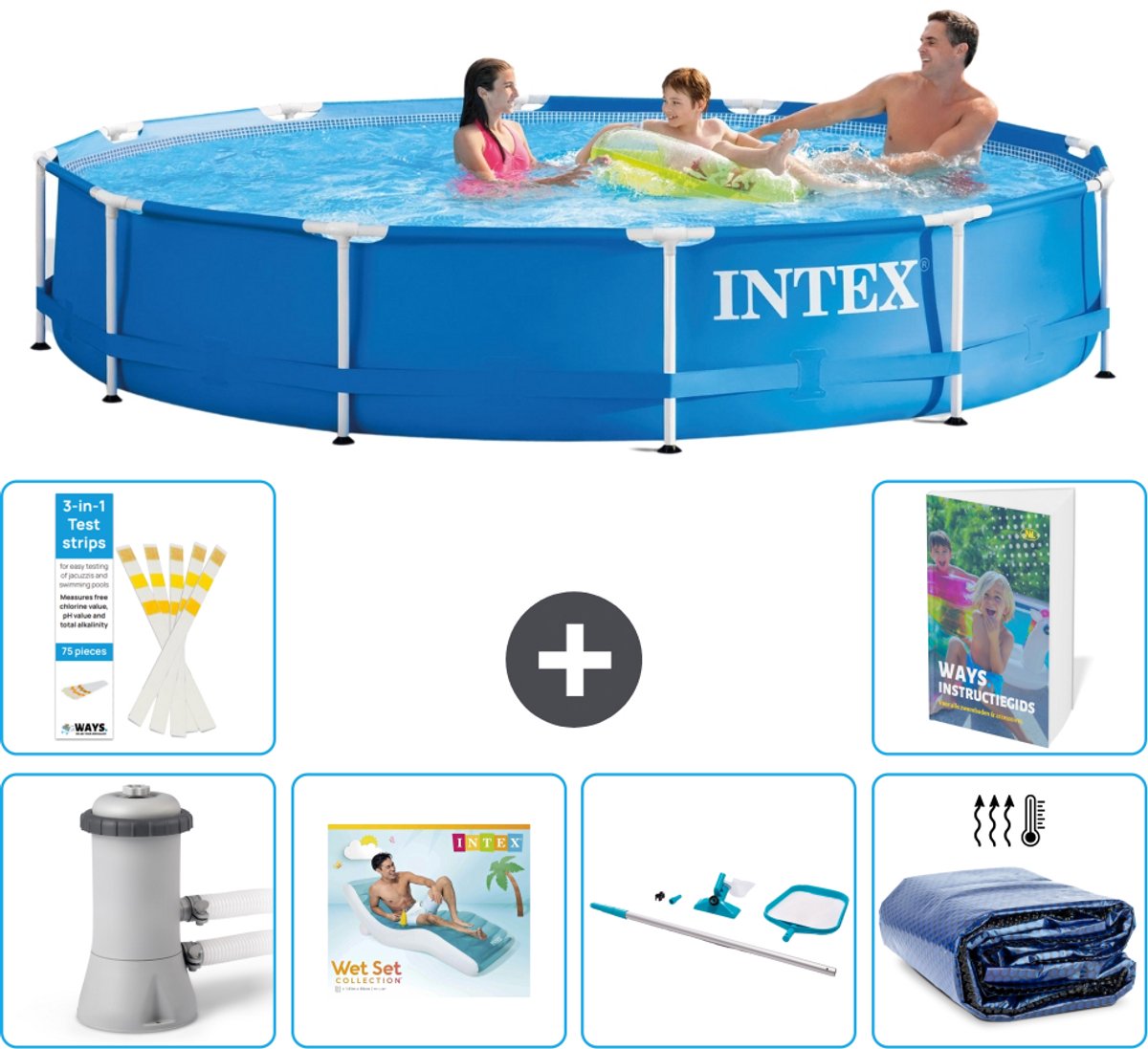 Intex Rond Frame Zwembad - 366 x 76 cm - Blauw - Inclusief Pomp - Loungebed - Schoonmaakset - Solarzeil - 7-delig