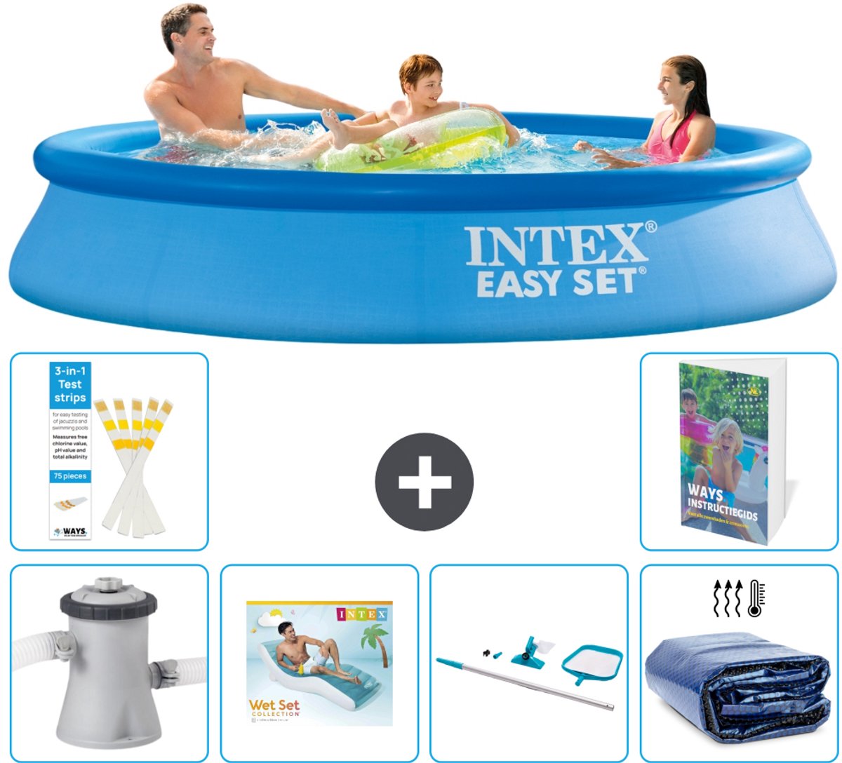 Intex Rond Opblaasbaar Easy Set Zwembad - 305 x 61 cm - Blauw - Inclusief Pomp - Loungebed - Schoonmaakset - Solarzeil - 7-delig