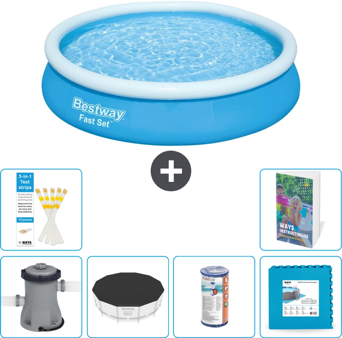 Bestway Rond Opblaasbaar Fast Set Zwembad - 366 x 76 cm - Blauw - Inclusief Pomp - Afdekzeil - Filter - Vloertegels - 7-delig