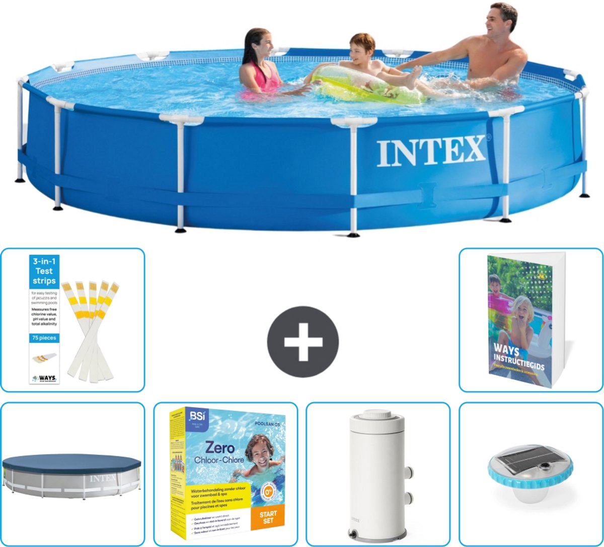 Intex Rond Frame Zwembad - 366 x 76 cm - Blauw - Inclusief Afdekzeil - Onderhoudspakket - Zwembadfilterpomp - Verlichting - 7-delig