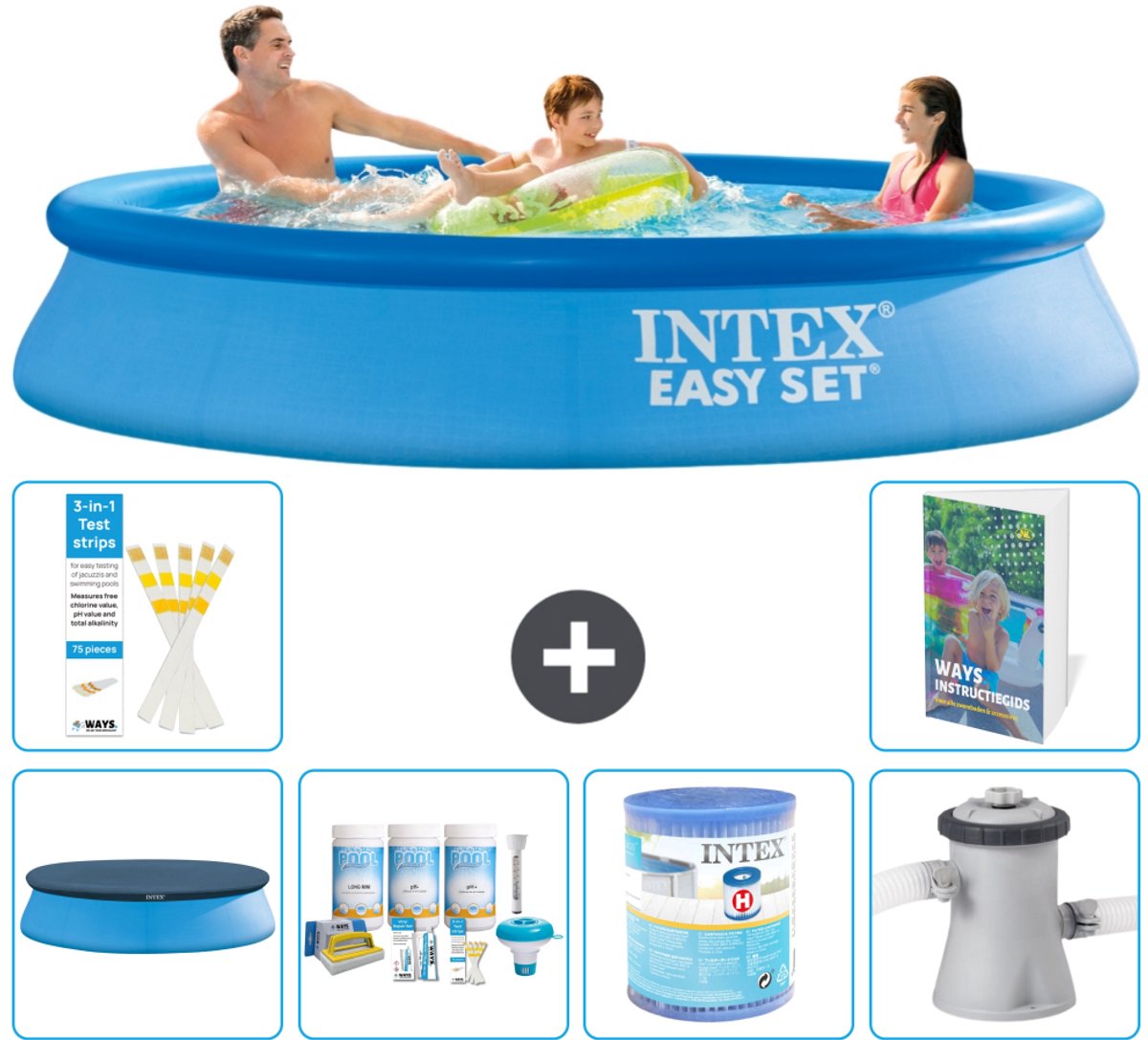 Intex Rond Opblaasbaar Easy Set Zwembad - 305 x 61 cm - Blauw - Inclusief Afdekzeil - Onderhoudspakket - Filter - Zwembadfilterpomp - 7-delig