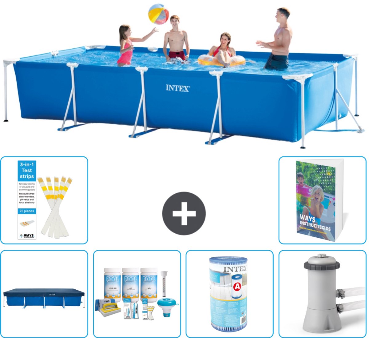 Intex Rechthoekig Frame Zwembad - 450 x 220 x 84 cm - Blauw - Inclusief Afdekzeil - Onderhoudspakket - Filter - Zwembadfilterpomp - 7-delig