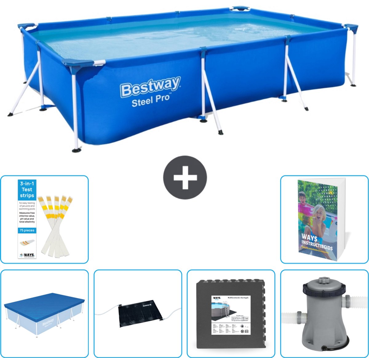 Bestway Rechthoekig Steel Pro Zwembad - 300 x 201 x 66 cm - Blauw - Inclusief Afdekzeil - Solar Mat - Vloertegels - Zwembadfilterpomp - 7-delig