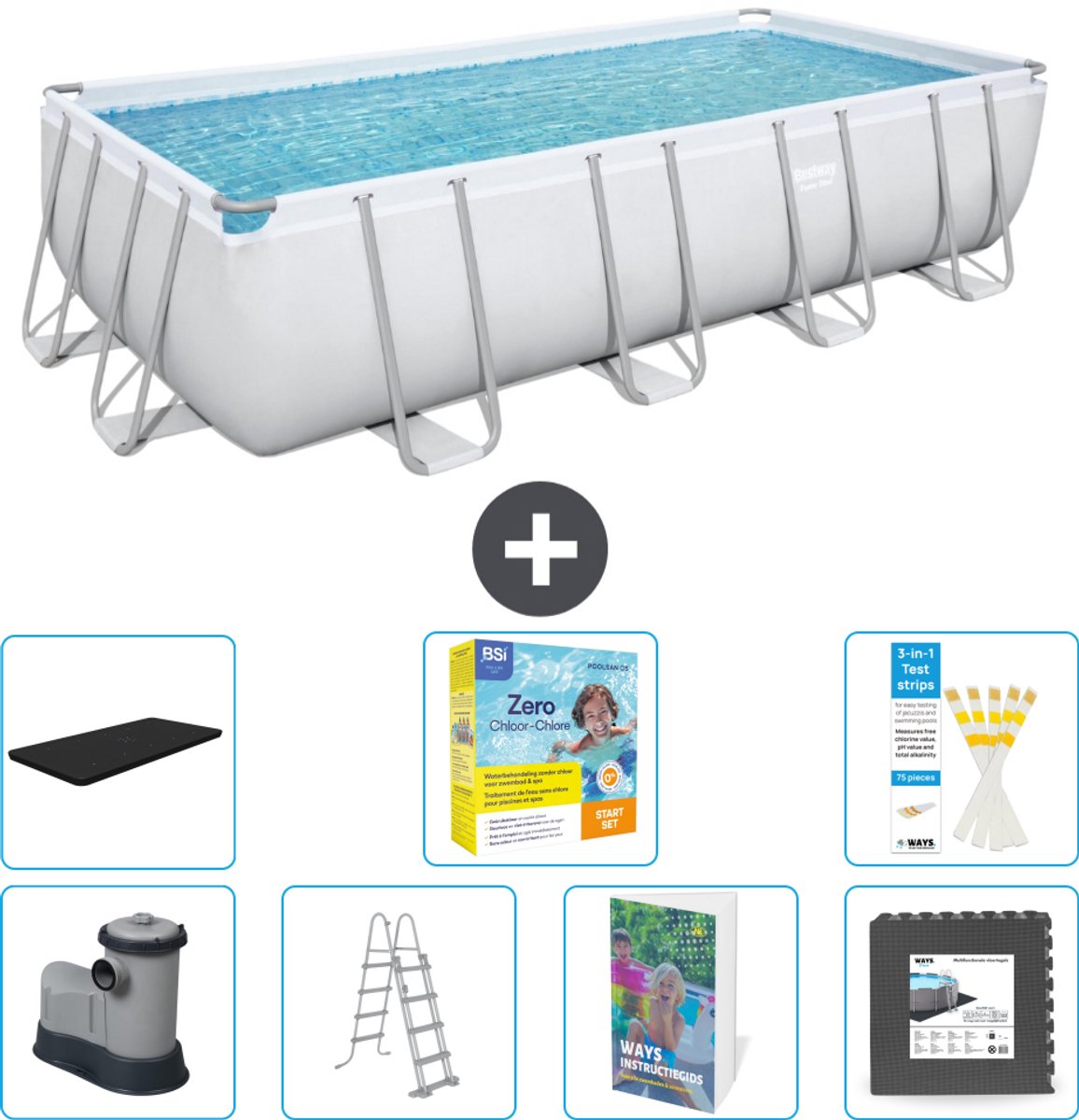Bestway Rechthoekig Power Steel Zwembad - 549 x 274 x 122 - Grijs - Inclusief Pomp - Ladder - Afdekzeil - Onderhoudspakket - Vloertegels - 8-delig