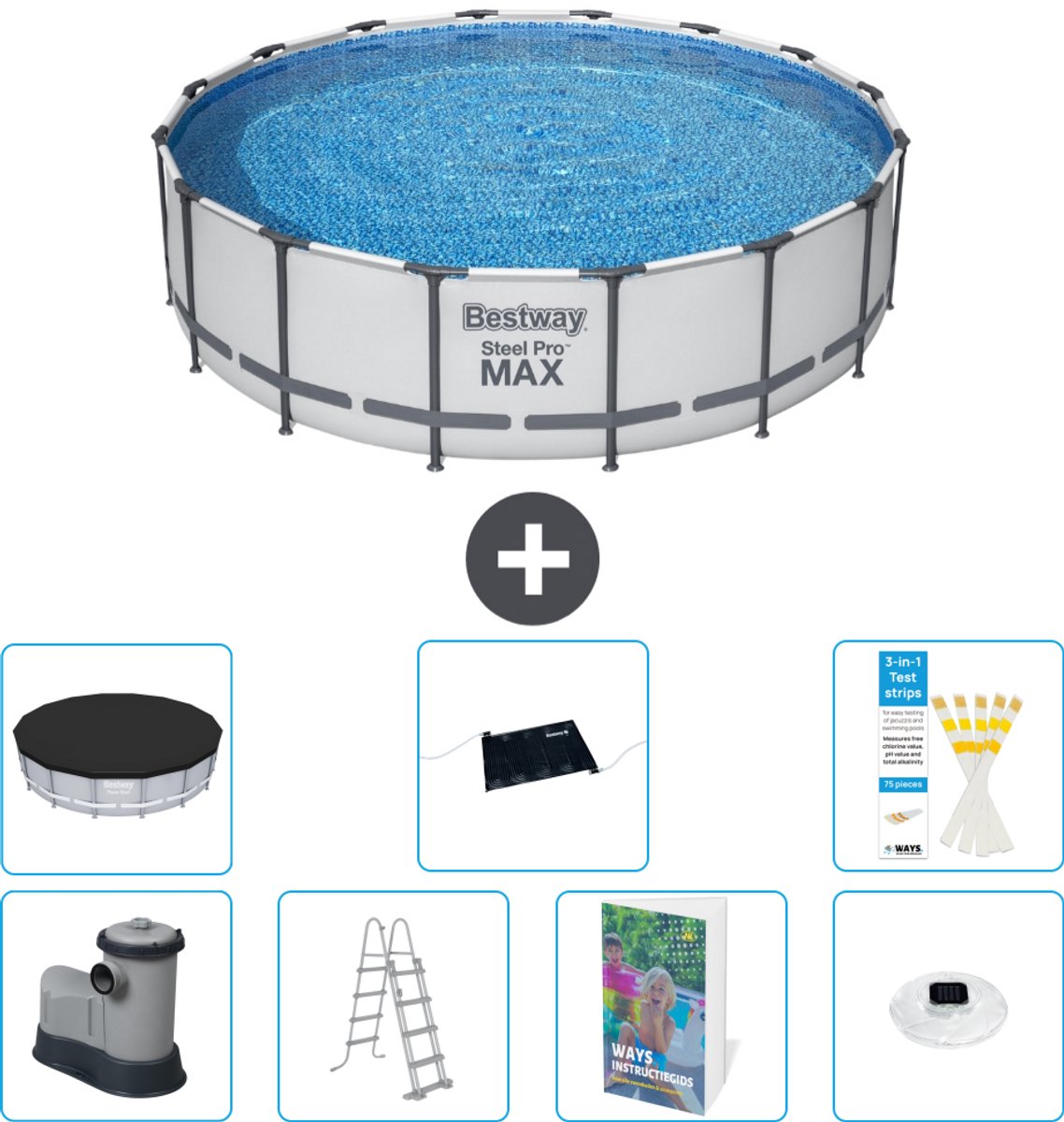 Bestway Rond Steel Pro MAX Zwembad - 488 x 122 cm - Grijs - Inclusief Pomp - Ladder - Afdekzeil - Solar Mat - Verlichting - 8-delig
