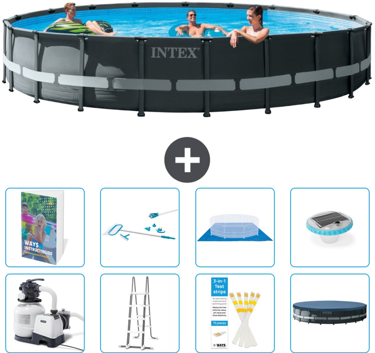 Intex Rond Ultra XTR Frame Zwembad - 610 x 122 cm - Inclusief Pomp - Ladder - Grondzeil - Afdekzeil - Schoonmaakset - Verlichting - 9-delig