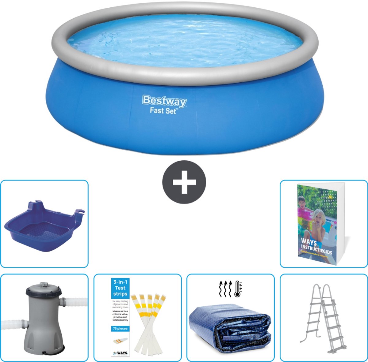 Bestway Rond Opblaasbaar Fast Set Zwembad - 457 x 122 cm - Blauw - Inclusief Pomp - Ladder - Solarzeil - Voetenbad - 7-delig