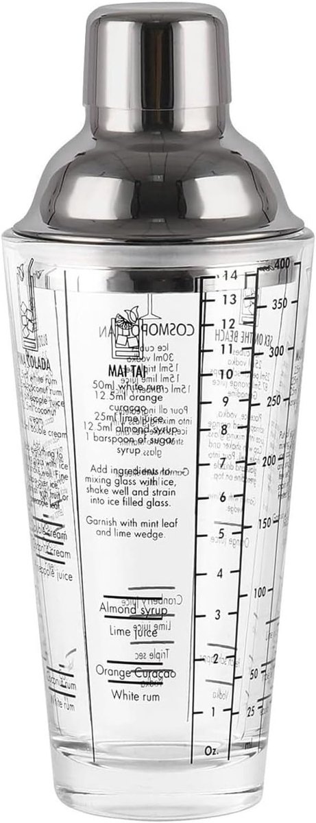 Cocktailshaker – 400 ML – glas en roestvrij staal – martini-shaker – shaker + mixer met zeef – cocktailmixer – baraccessoires.