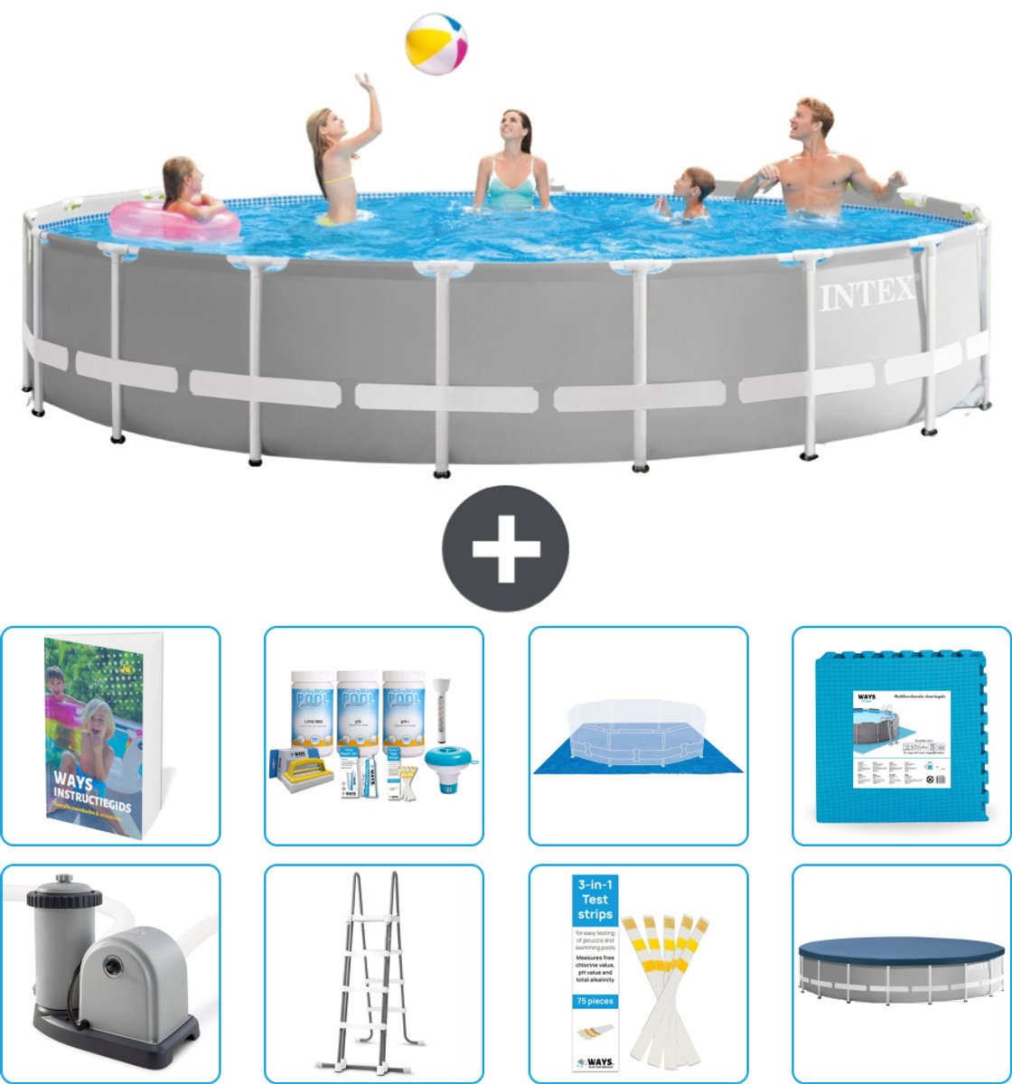Intex Rond Prism Frame Zwembad - 548 x 122 cm - Grijs - Inclusief Pomp - Ladder - Grondzeil - Afdekzeil - Onderhoudspakket - Vloertegels - 9-delig