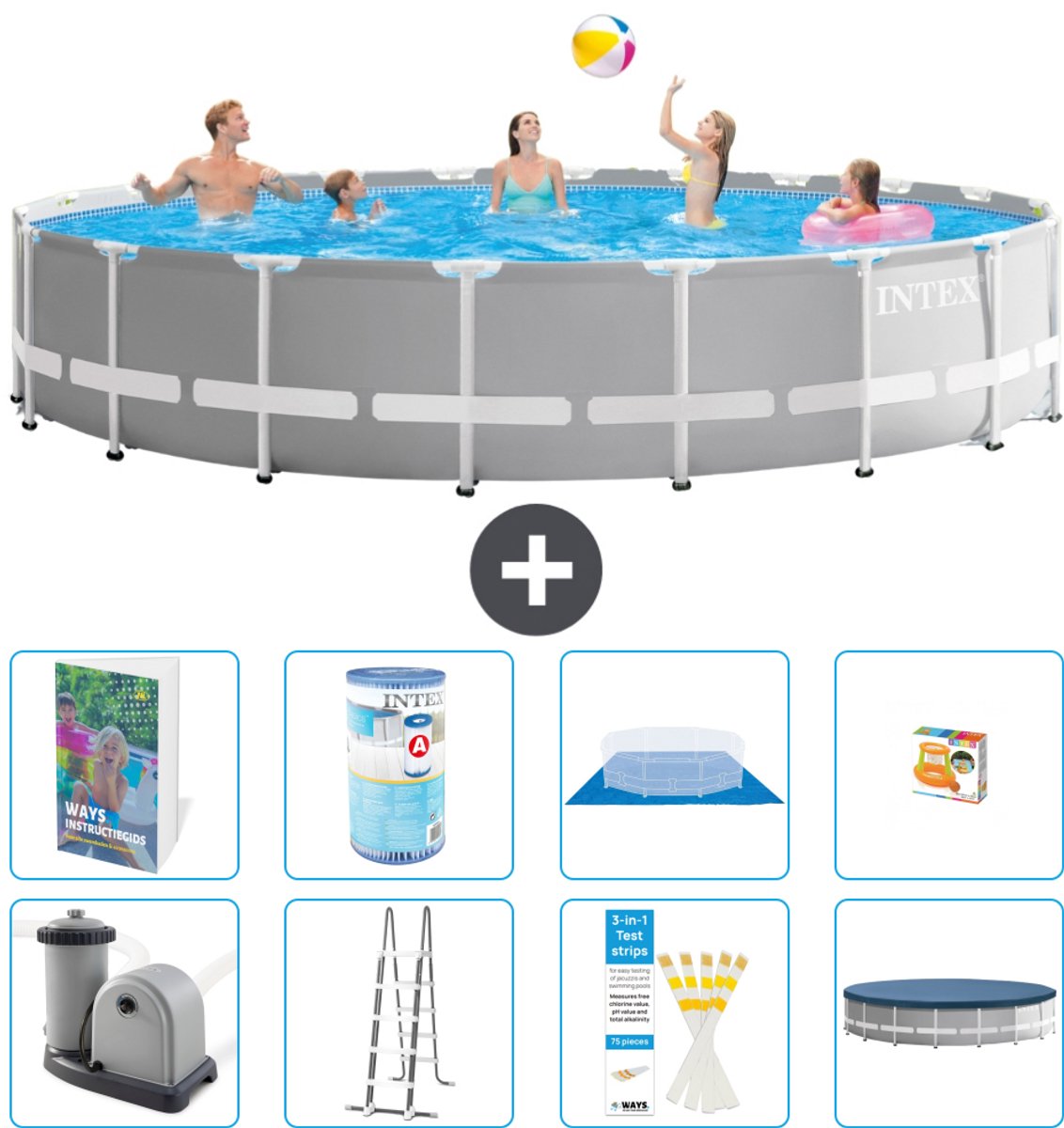 Intex Rond Prism Frame Zwembad - 610 x 132 cm - Grijs - Inclusief Pomp - Ladder - Grondzeil - Afdekzeil - Filter - Speelgoed - 9-delig